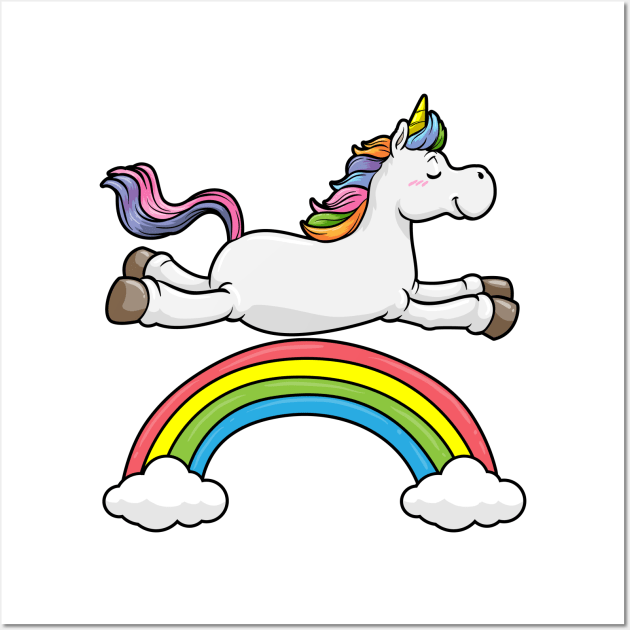 Floating unicorn on a rainbow with clouds Wall Art by Markus Schnabel